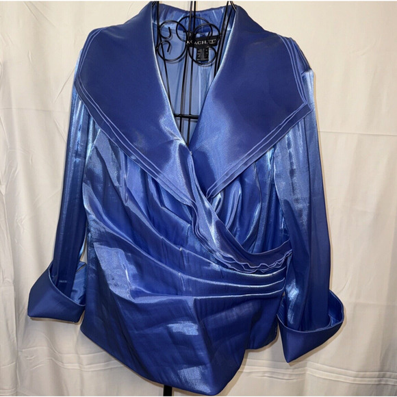 Cachet Royal Blue Metallic Faux Wrap Draped Blouse SZ 22W Shawl Collar Top - Picture 1 of 11